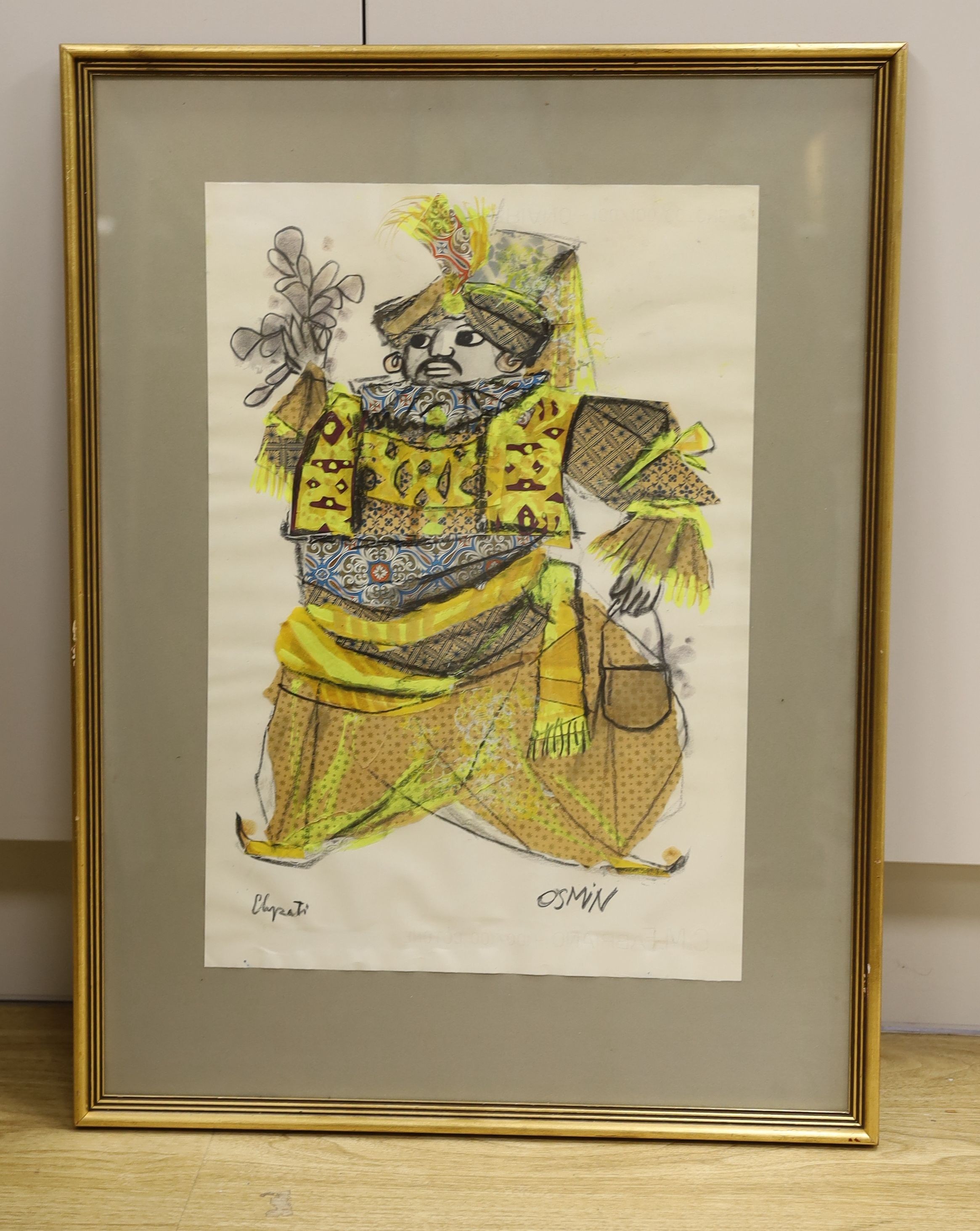 Emanuele Luzzati (1921-2007), mixed media and collage, Costume design for Osmin from Entfuhrung, signed, 48 x 33cm